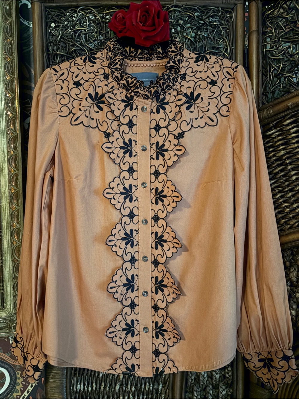 Anthropologie Peach Embroidered Ruffle Blouse US 8 Romantic Top - Picture 2 of 8
